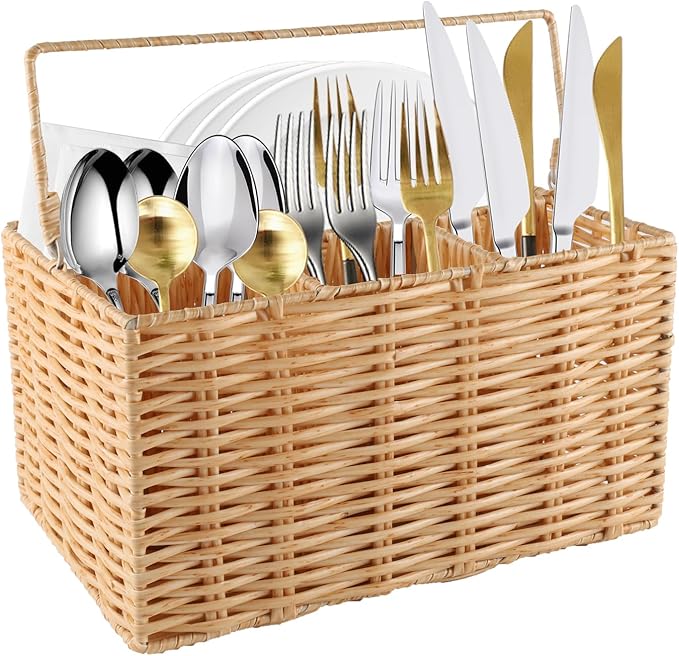 Silverware Organizer,Hand-Woven Wicker Kitchen Utensil Caddy with 4 Compartments,Cutlery Holder for Party Camping,Flatware Spoon Condiment Basket,Utensil Holder for Kitchen Counter with Handle