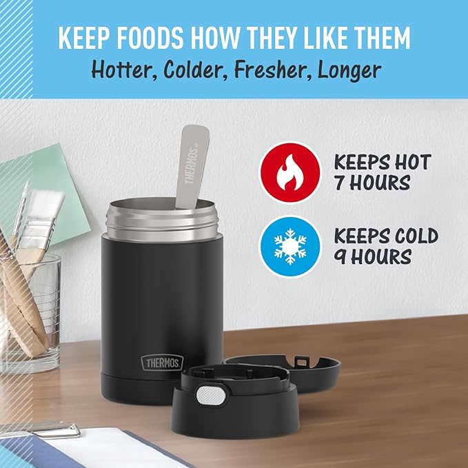 THERMOS FUNTAINER Insulated Stainless Steel Food Jar, 16 Ounce, Kids Lunch with Foldable Spoon, Push-Button Lid, Matte Black