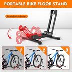 Bike Stand Floor, Portable Bike Storage for Garage - Fit for 24"-29" Bikes, Tire Width up to 3.5", Road & Mountain Bicycle Stand, Front and Rear Wheel Parking Rack - Red