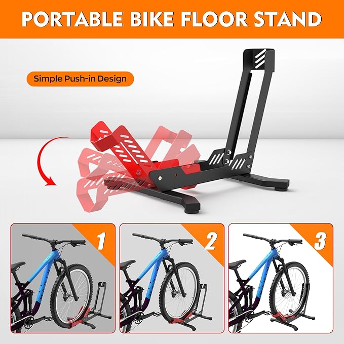 Bike Stand Floor, Portable Bike Storage for Garage - Fit for 24"-29" Bikes, Tire Width up to 3.5", Road & Mountain Bicycle Stand, Front and Rear Wheel Parking Rack - Red