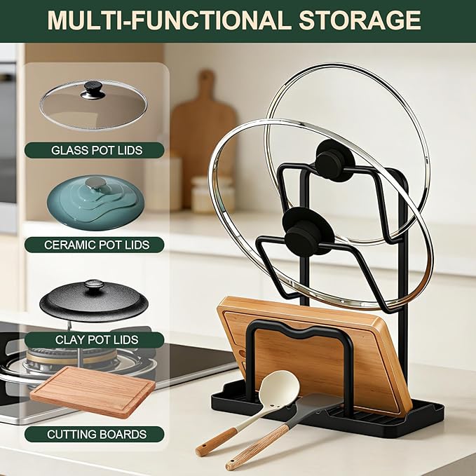 Kitchen Pot Lid Storage Rack: Carbon Steel 2 Pot Lid Organizer While Cooking, Multifunctional Kitchen Pot Lid Holder with Tray, Space-Saving Countertop Organizer Storage for Cutting Boards (Black)