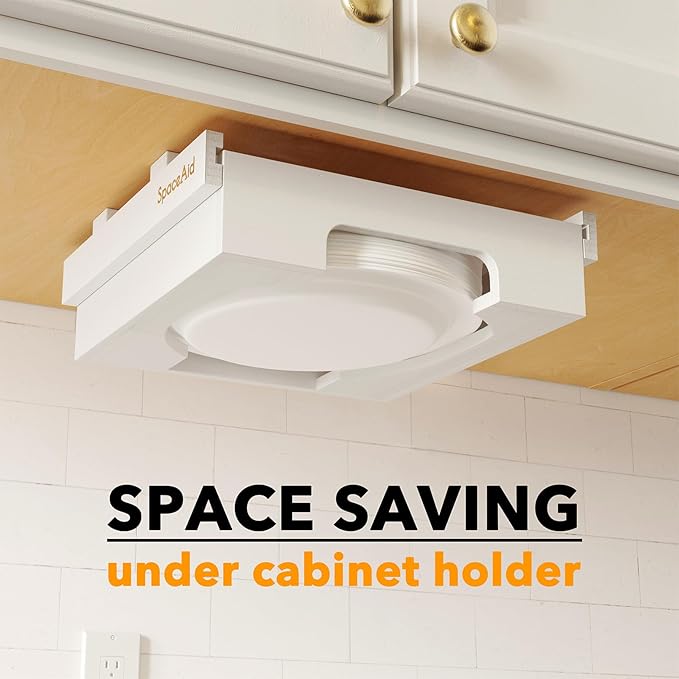 SpaceAid 10-inch Paper Plate Dispenser (Need 11.3 Inches Deep Cabinet Space) Under Cabinet Bamboo Plates Holder, Kitchen Vertical Dipensers Caddy, White