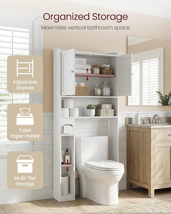 VASAGLE Over The Toilet Storage Shelf, Bathroom Storage Cabinet, Adjustable Shelves, Toilet Paper Holder, Space-Saving, Modern, 7.9 x 31.1 x 66.9 Inches, Cloud White UBTS018WH01S