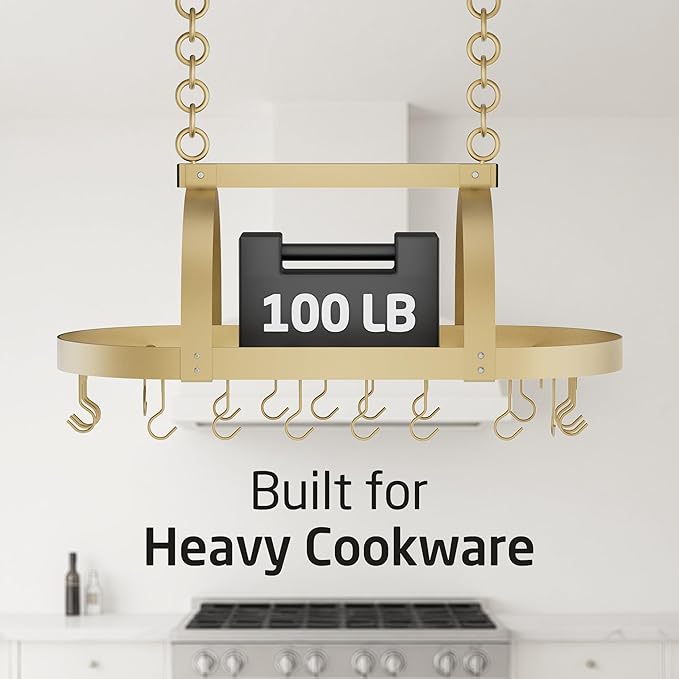 KES Gold 34 Inch Hanging Pot Rack, 100 LBS Capacity Heavy Duty Oval Pot and Pan Hanging Rack Ceiling Mount, Pot Pan Hangers Organizer for Kitchen Island with 20 Hooks (For 16" and 24" Joist)