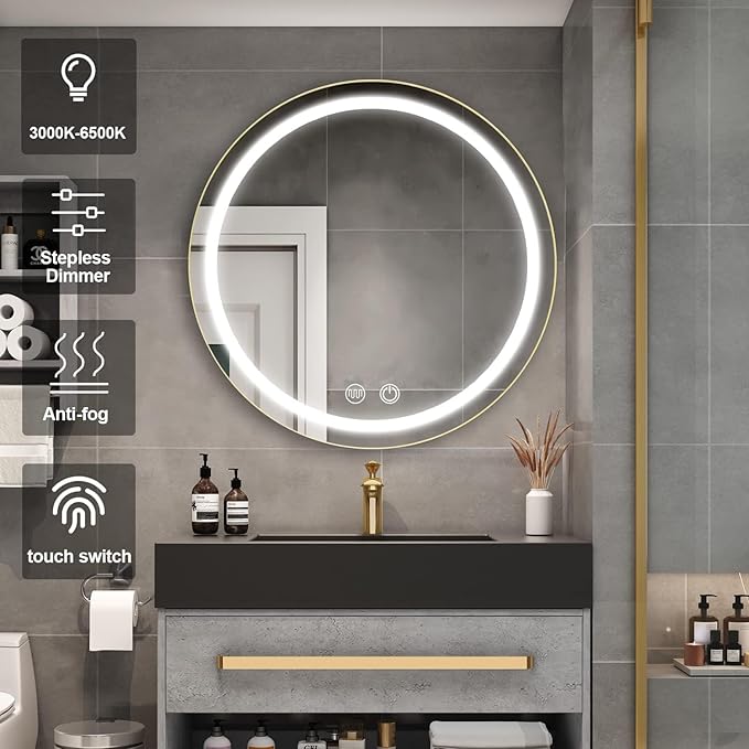 28inch Round Medicine Cabinet with Lights,Led Medicine Cabinet with Defogger,Illuminated Mirror Cabinet for Bathroom,Dimmable,Anti-Fog,3 Colors,Surface Mount Only