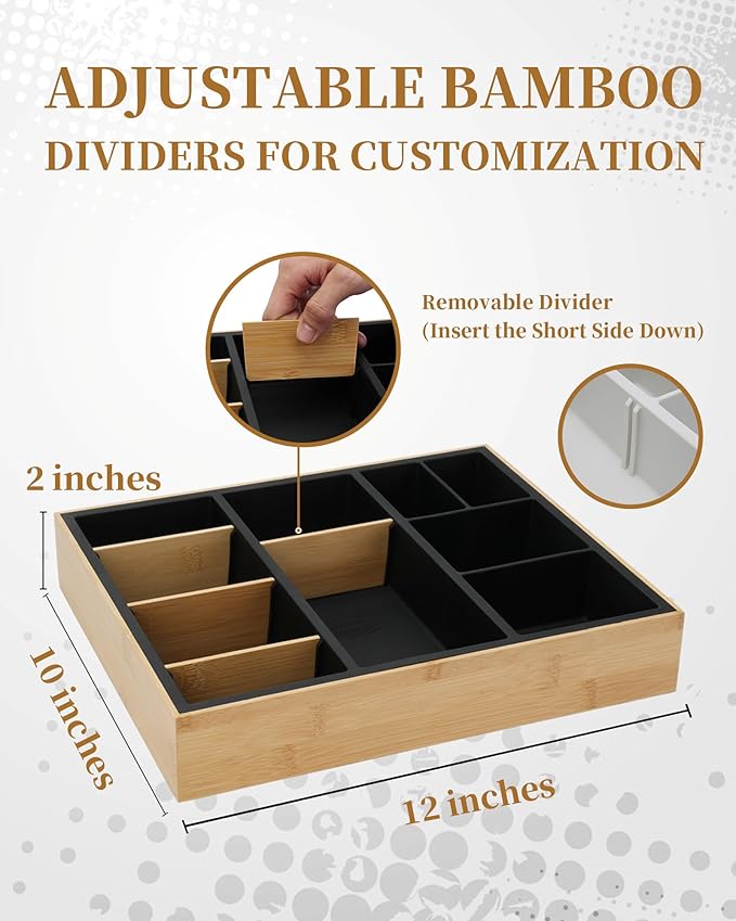 Office Drawer Organizer, Bamboo Desk Drawer Organizer with 4 Removable Dividers, Desk Organizers and Accessories with 10 Adjustable Compartments for Office Home (Gray)