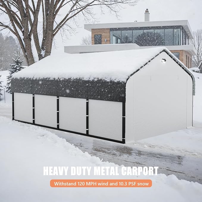 Carports Canopy Heavy Duty, Fully Enclosed Metal Garage with Sidewalls (12x20, White)