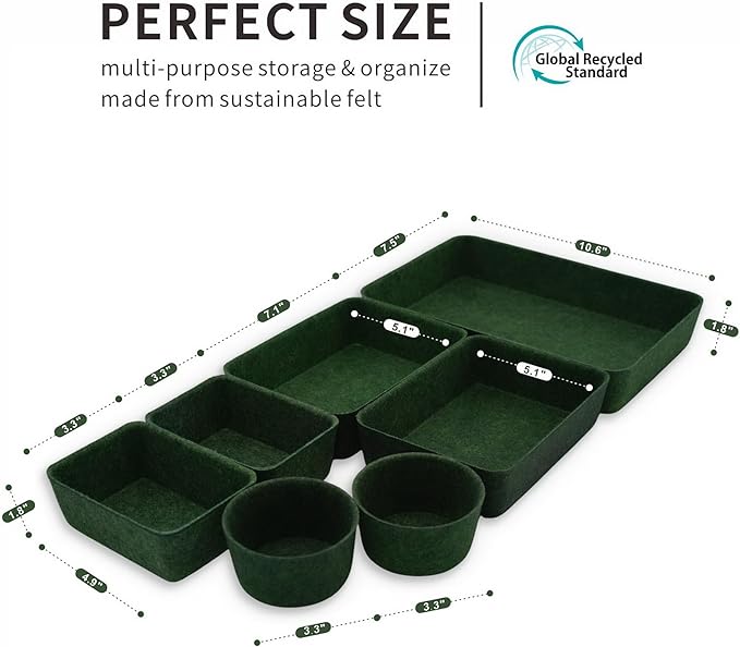 Welaxy Felt Desk Drawer Organizer Trays, 7-Piece Storage Bins for Office, Entryway Catchall & Minimalist Decor (Forest Green)