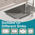 Corner Sink Drying Rack, 16"x9.5" Rust-Proof Aluminum Triangular Dish Drainer, Heat Resistant Roll Up Mat for Kitchen Counter, Sponge Holder & Organizer with Non-Slip Silicone Base, Gray