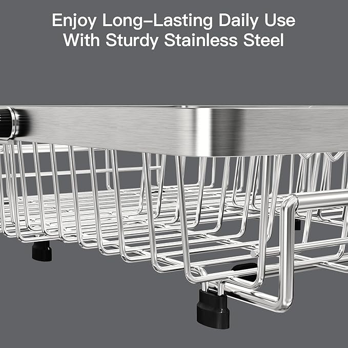 MAJALiS Over The Sink Dish Drying Rack for Small Kitchen Counter Space Saving, Expandable Stainless Steel Compact RV Plate Drain Strainer in Silver Wire Metal with Hanging Adjustable Utensil Holder