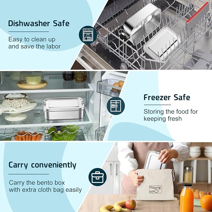 TeamFar Stainless Steel Bento Box, 47oz/1400ML Large Metal Bento Lunch Box Container for Adults/Kids, for Home/School/Office/Travel, With 2 Removable Dividers, Leak-Proof & Dishwasher Safe