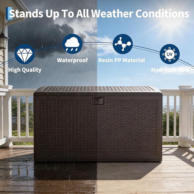 Garvee 120 Gallon Waterproof Large Resin Deck Box Indoor Outdoor, Lockable Storage Container for Patio Furniture Tools, Waterproof Deck Box with Hydraulic Rod Patio Storage Bin for Pool Garden, Brown