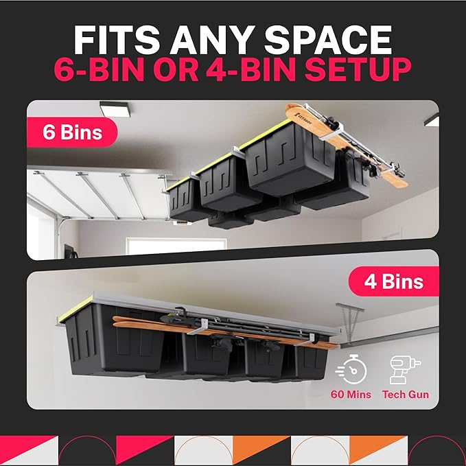 Adjustable Overhead Tote Rail System. Garage Bin Storage. Tote Lift Pro Storage Rack. Ceiling Mounted Bin Organizer – Heavy Duty Ezy Strut & Hat Channel Design – 90" x 25" x 4" (Pack G)