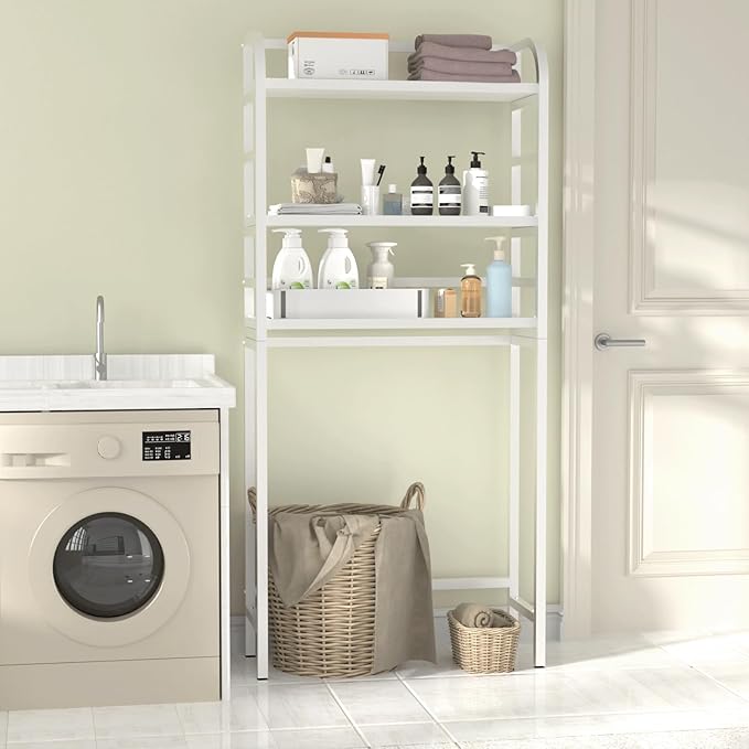 3-Tier Over The Toilet Storage Rack, Freestanding Bathroom Organizer Metal Frame Toilet for Small Spaces, Bathroom, Balcony, Laundry (White)
