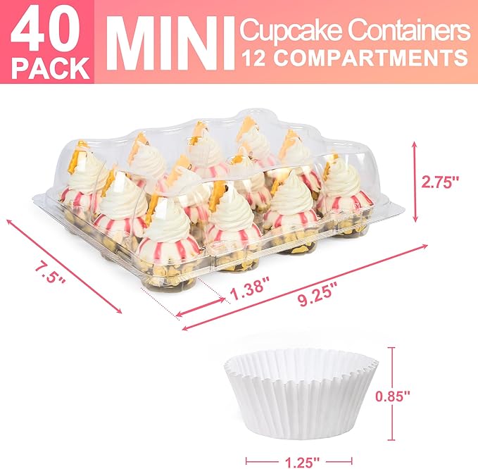 LotFancy (12 Count x 40 Sets) Mini Cupcake Containers with 480 Liners, Clear Plastic Cupcake Boxes Holders, Dozen Disposable Cupcake Carriers with Detachable Lid