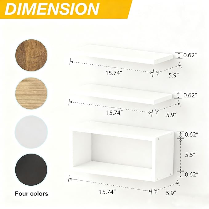 Wall Mounted Floating Shelf, c Long for Bedroom Living Room Kitchen Staircase Bathroom Above Toilet Wall Decoration Book Storage Room Recoration (3piece Set) White