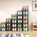 12 Pack Upgrade Harder Shoe Organizer, Shoe Storage with Magnetic Front Door, Clear Shoe Boxes Foldable Space-Saving Shoe Rack for Sneaker Boot Container, Black