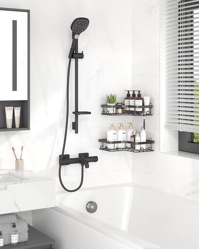Corner Shower Caddy - 2 Pack, Adhesive Shower Organizers, Rustproof Stainless Steel Shower Shelves with 8 Hooks, No Drilling Bathroom Organizers and Storage Racks, Space-Saving, Black, Medium