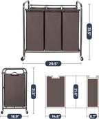 STO STO Laundry Sorter 3 Section, 3 Bag Clothes Hamper, Rolling Laundry Cart Basket with Heavy Duty Lockable Wheels and Removable Bag for Laundry Room, Bedroom, Closet, Brown