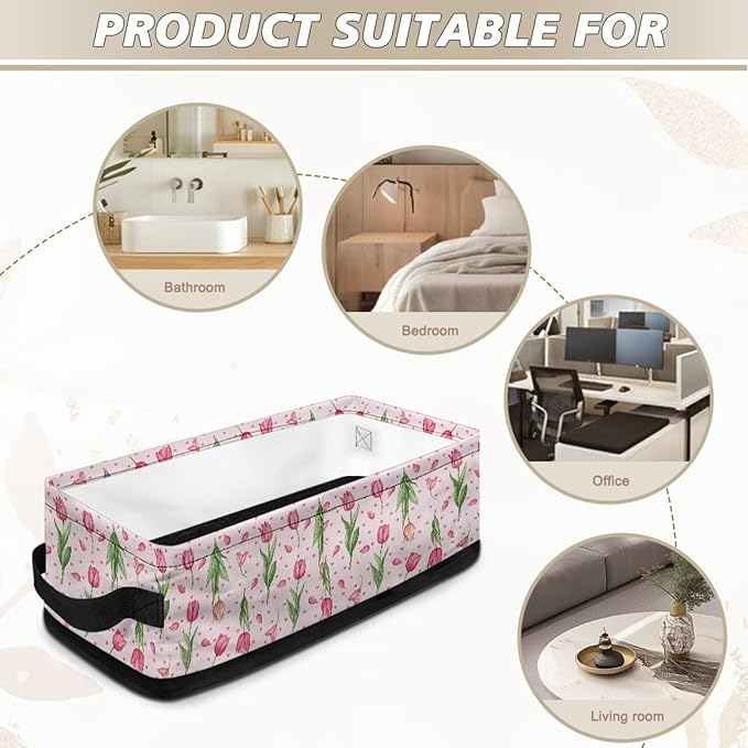 Storage Basket with Handles Collapsible Storage Bins Rectangular Fabric Organizer Box Multi-Use Shelf Baskets for Bedroom Bathroom Decor, Tulip Flower Pink Petal
