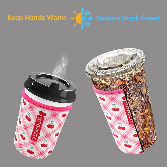 Reusable Neoprene Insulator Sleeve for Iced Coffee & Cold Soda, Coffee Sleeves for Iced & Hot Drinks, Cold Beverage Cooler Compatible with Starbucks, Dunkin (Cherry World, Medium: 22-24oz)