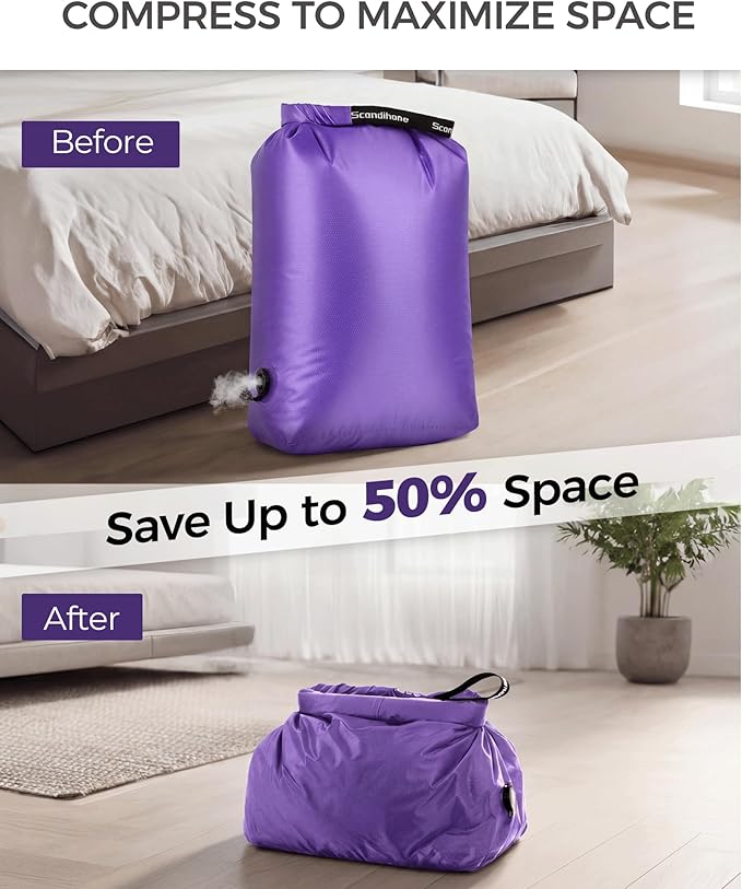 Travel Laundry Bag, Pump Free Vacuum Storage Bag Reusable Compression Dirty Clothes Travel Bag Waterproof Wet Dry Bags Large Capacity Space Saver Bags Camp Clothes Organizer (1 Pcs)(Purple, L)