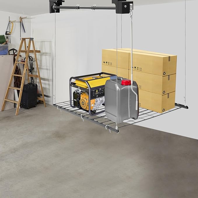 Overhead Garage Storage Rack 4x4 Feet 250LBS Capacity Hand Crank Adjustable Height Up to 96 Inches Ceiling Mount Organizer for Garage Warehouse