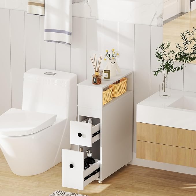 Giantex Small Bathroom Storage Cabinet - Slim Organizer with Wheels, 2 Drawers, 2 Baskets, Brush Holder, Over The Toilet Storage for Skinny Corner, Narrow Spaces
