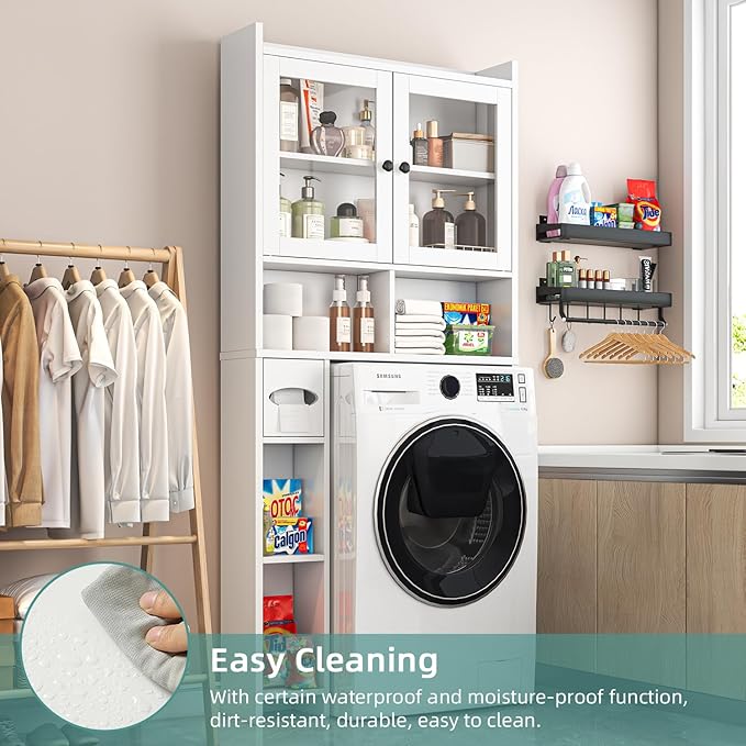 Over The Toilet Storage Cabinet with Clear Doors, Behind Toilet Organizer with Toilet Paper Holder Stand, Above Toilet Shelf, Space Saver for Bathroom, Laundry, Restroom, White