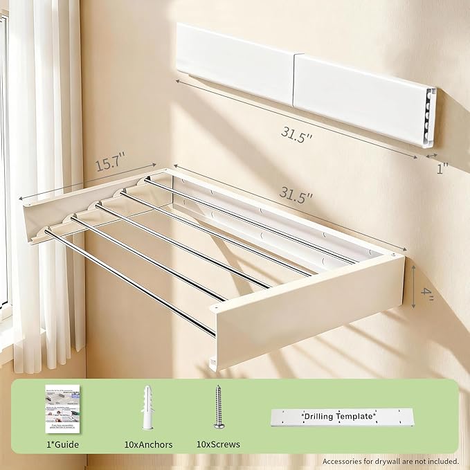 Wall Mounted Drying Rack 31.5'', Foldable Wall Clothes Drying Rack, Space Saving Laundry Drying Rack, Heavy Duty Clothes Drying Rack 5 Rods, Collapsible Clothing Rack for Bathroom Balcony
