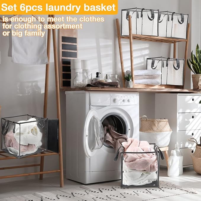 Zopeal 6 Pack Popup Laundry Hamper 13 Inch Collapsible Laundry Baskets with Handles Mesh Clothes Baskets Portable Single Layer Foldable Clothes Hamper Square Bin for Washing (Grey,Single-layer)