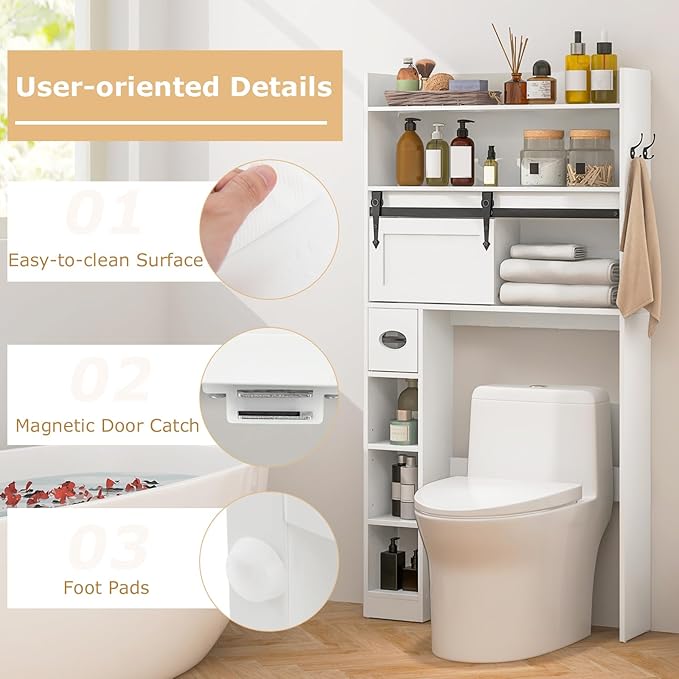 Giantex Over The Toilet Storage Cabinet, Farmhouse Space Saver with Sliding Door, Toilet Paper Holder, Side Hooks & Adjustable Shelves, Over Toilet Bathroom Organizer for Laundry, Restroom (White)