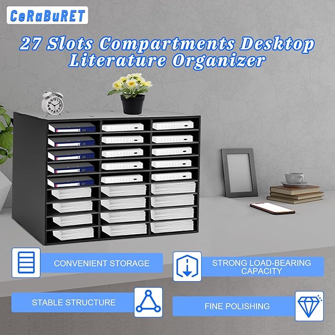 LOYALHEARTDY Literature Organizer, 27 Slots Compartments Paper Sorter PVC Mail Organizer, Literature Holder for School Office Study, Black, 31.5"(L)*12"(W)*21.7"(H)