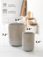 LE TAUCI Utensil Holder for Kitchen Counter, 7.3"+5.4" Fluted Ceramic Utensil Crock Organizer for Countertop, Heavy Large Holder for Spatulas, Spoons, Set of 2, Gray Marble
