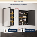 Keonjinn Medicine Cabinet Mirror 30" x 26", Assembly Needed, Black Bathroom Mirror with Storage, Beveled Aluminum Frame, Stepless Adjustable Shelves, Surface Mount or in Wall