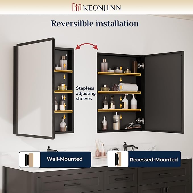 Keonjinn Medicine Cabinet Mirror 30" x 26", Assembly Needed, Black Bathroom Mirror with Storage, Beveled Aluminum Frame, Stepless Adjustable Shelves, Surface Mount or in Wall