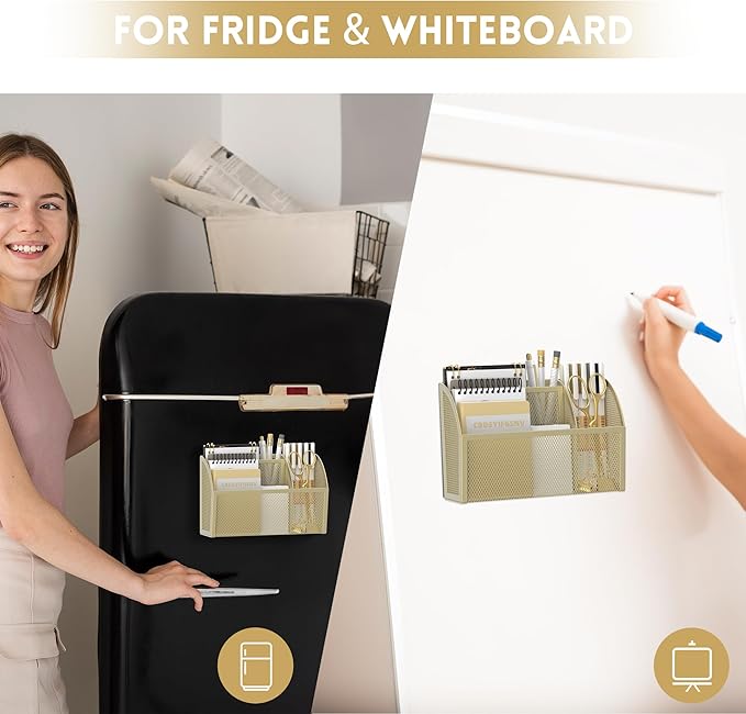 DALTACK Magnetic Pencil Holder Magnetic Shelf for the Whiteboard 3-Grid Mesh Magnetic Pen Holder for Refrigerator Magnetic Organizer Locker Accessories Organizer for Office, Yellow