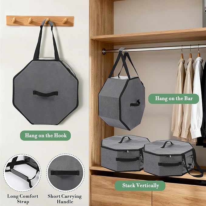 Garvee 3-Pack Grey Collapsible Hat Storage Boxes with Handles and Shoulder Strap – Large Dustproof Organizer for Cowboy, Fedora & Sun Hats – Portable Travel and Home Storage, 42×42×19cm, Grey