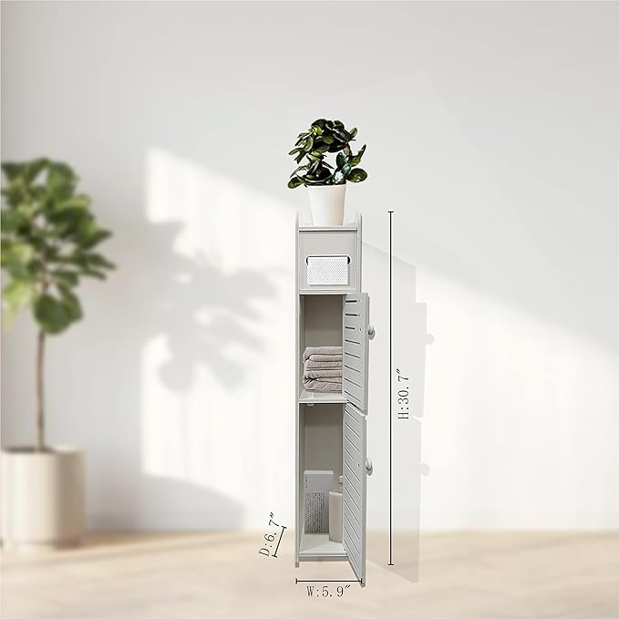 Small Bathroom Storage Cabinet, Slim Toilet Paper Organizer with 2 Doors & Shelves, Over Toilet Storage Cabinet for Skinny Bathroom Space Corner - White