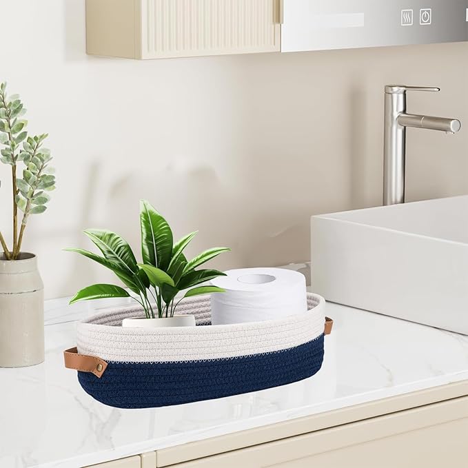 1 Pack Small Woven Storage Basket for Toilet Tank Top, Bathroom Countertop Organizer Cotton Rope Toilet Paper Storage Decorative Basket 13"x6"x4"(Navy/White)