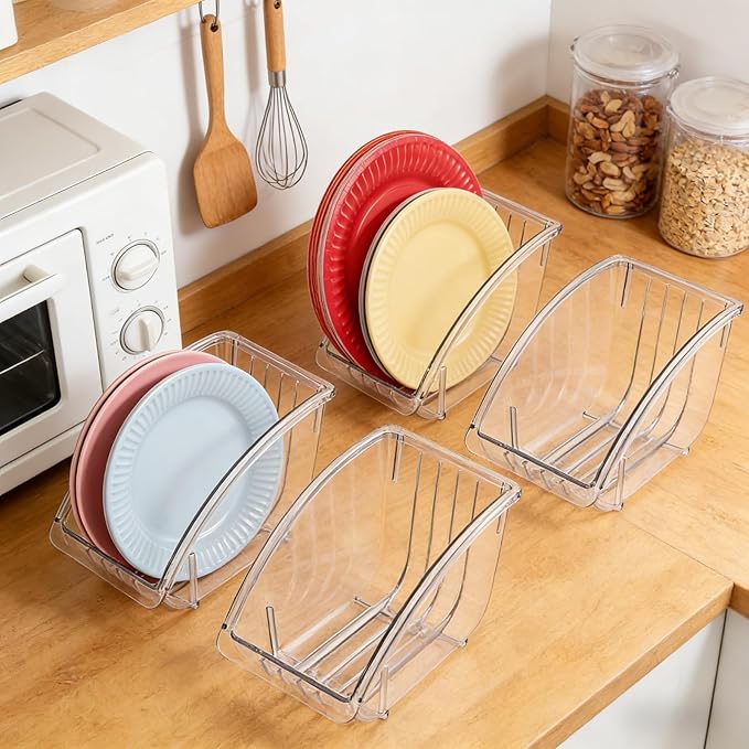 4 Pack 10 Inch Paper Plate Holder, Plastic Plates Dispenser Organizer, Under Cabinet Vertical Dinner Dish Drainer, Reusable Plate Drying Rack, Salad Dessert Dish Cradle for Kitchen Countertop