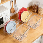 4 Pack 10 Inch Paper Plate Holder, Plastic Plates Dispenser Organizer, Under Cabinet Vertical Dinner Dish Drainer, Reusable Plate Drying Rack, Salad Dessert Dish Cradle for Kitchen Countertop