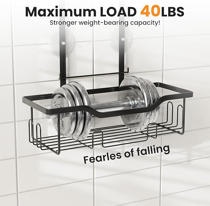 Hanging Shower Caddy Over Showerhead,2 Tier Rustproof Bathroom Shower Organizer, No Drill Shower Rack with Soap Dish, Toothbrush Holder and 12 Hooks,Black