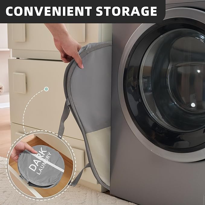 TECHMILLY Collapsible Laundry Basket Durable Pop Up Hamper with 2 Compartments for Sort and Storage, Portable Dirty Clothes Hamper for Dorm, Laundry Room or Travel (Grey + Begie)