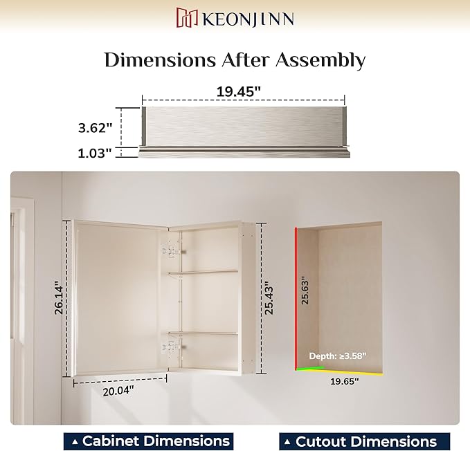 Keonjinn Medicine Cabinet Mirror 20" x 26", Assembly Needed, Brushed Nickel Bathroom Medicine Cabinet with Mirror, Beveled Framed, Surface Wall-Mounted or Recessed, Shelves Adjustable