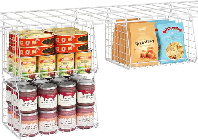 3-Pack Under Shelf Hanging Baskets with 360° Rotating Hooks - Space Saving Pantry Shelf Organizer for Kitchen Storage, Foldable Small Space Solutions for Pantry Organization, White