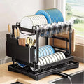 2-Tier Dish Drying Rack - Stainless Steel Dish Racks for Kitchen Counter, Space-Saving Kitchen Counter Organizer with Cutlery/Cup Holders & Draining Tray, Rustproof Multifunctional Drainer (Black)