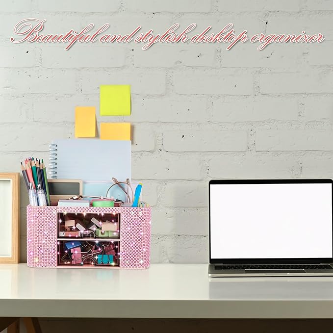 Pink Bling Desk Organizer with 2 Drawer, Sparkly Makeup Organizer for Vanity, Girly Desk Accessories, Rhinestone Pen Holder, Elevate Your Workspace with Pink Serenity (Pearl)
