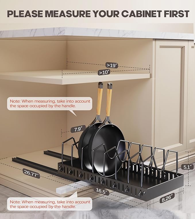 Pull Out Pots and Pans Organizer Under Cabinet, Sliding Lid Holder and Pan Rack in Kitchen, Slide Out Inside Cabinet Storage for Pot Lid, Bakeware, Dishes, 8 Adjustable Dividers, 2 Pack Black