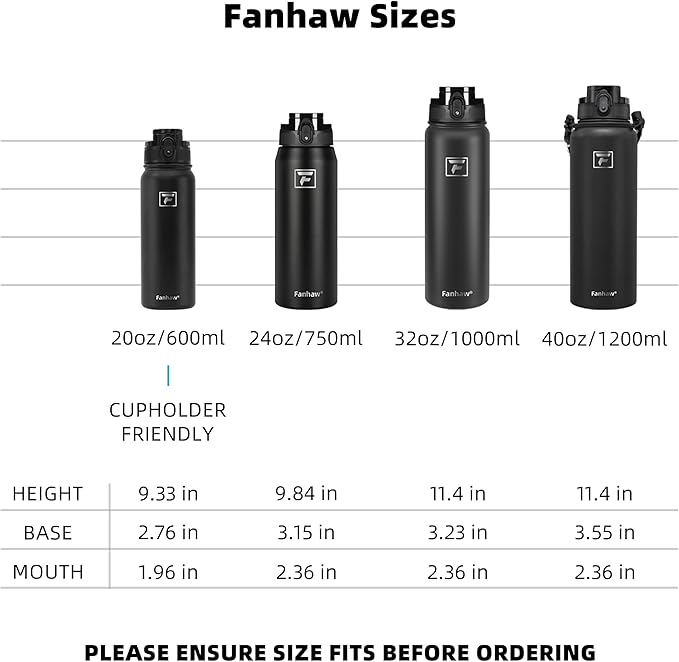 Fanhaw 24 oz Insulated Stainless Steel Water Bottle with Anti-Dust Chug Lid, Leakproof Vacuum Metal Bottle for Kids, Women & Men (Gray)